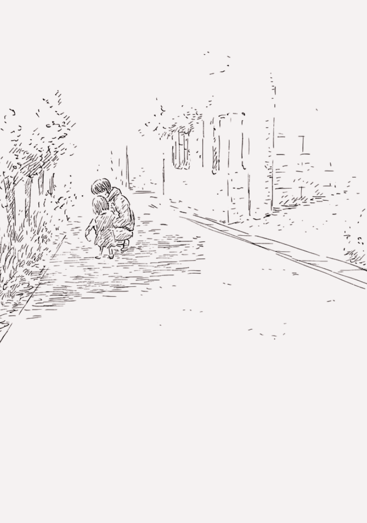 faint drawing of two people sitting in a road (Blood on the Tracks)